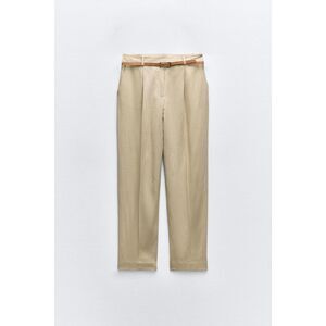 Beige Brown Zara Linen-Blend High-Waisted Belted Straight Leg Pants (NWT